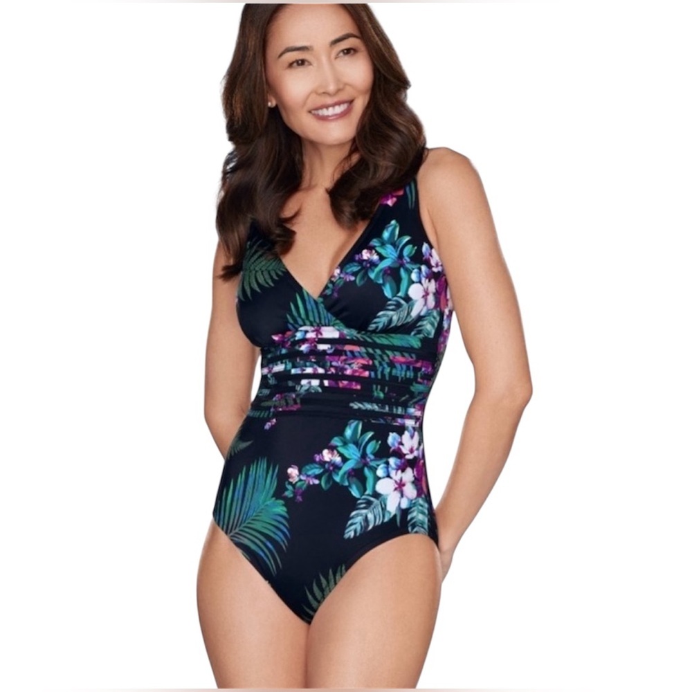 Women’s Aqua Green Waist Detail Over the Shoulder 1 Piece Swimsuit Black Flora M